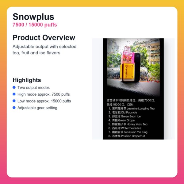 Snowplus Adjustable Disposable Vape - 7500 / 15000 Puffs - detail image 1 Snowplus Adjustable Disposable Vape - 7500 / 15000 Puffs detail image 1