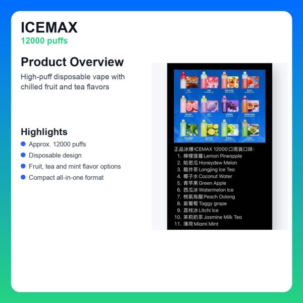 ICEMAX 12000 Puffs Disposable Vape - In-Stock Flavor Menu detail image 1