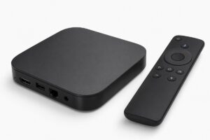 4K smart TV box with remote control for live TV apps, streaming movies and TV series