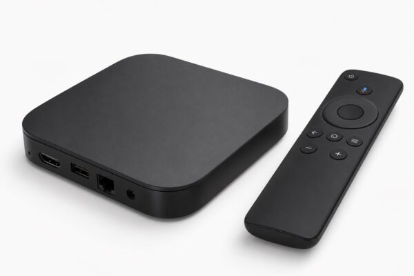 4K smart TV box with remote control for live TV apps, streaming movies and TV series